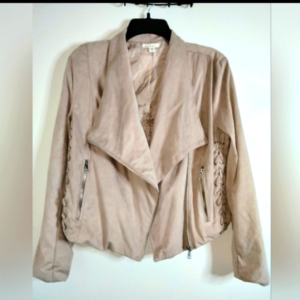 Miami (Size M) Blush Pink Faux Suede Drape Lace Up Panels Full Zip Front Jacket